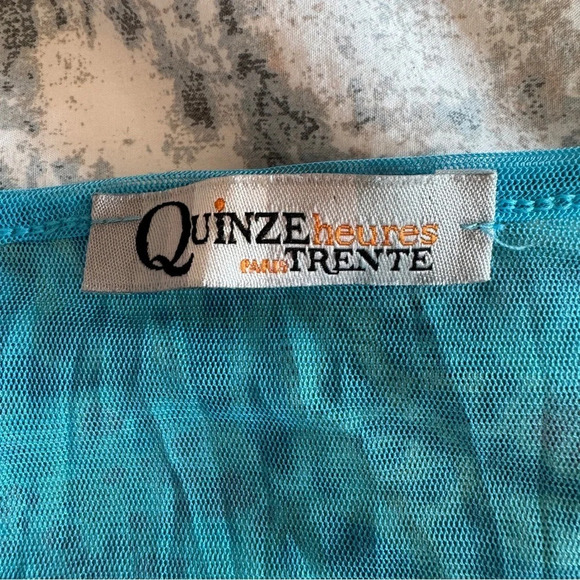 Quinze Heures Trente Top Size 3 Y2K Graphic Mixed Media Artsy Mesh Buttons Sheer - Picture 12 of 13